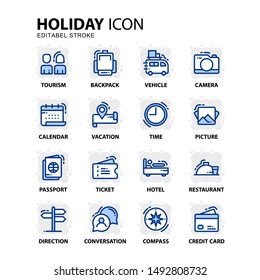 Holiday And Travelling Related Vector Line Icons Set. Tourism, Passport, Calendar, Vacation, And More. Blue Color Icons With Liquid Background. Editable Stroke Illustration Sign And Symbol.