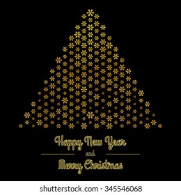 Holiday tree of golden snowflakes. New Year  and Merry Christmas background. Vector card illustration