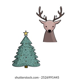 Holiday Tree with Star and Reindeer Cartoon Design. Christmas Reindeer and Tree with Star Illustration