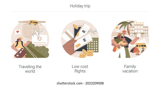 Holiday trip abstract concept vector illustration set. Traveling the world, low cost flights, family vacation, airport timetable, buy cheap ticket online, travel blog, adventure abstract metaphor.