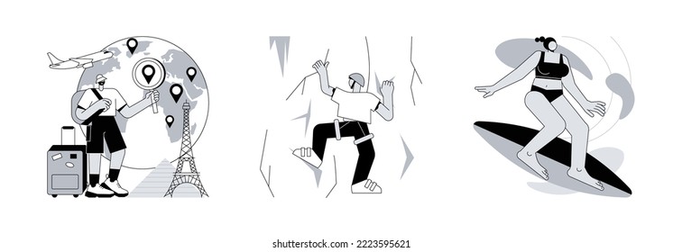 Holiday trip abstract concept vector illustration set. Traveling the world, extreme tourism, surfing school, hitchhiking, travel blog, foreign country destination, plane departure abstract metaphor.