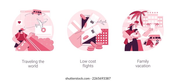 Holiday trip abstract concept vector illustration set. Traveling the world, low cost flights, family vacation, airport timetable, buy cheap ticket online, travel blog, adventure abstract metaphor.