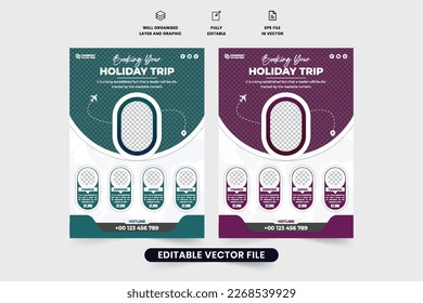 Holiday trip booking and management company flyer design with purple and blue colors. Modern travel agency promotional leaflet vector with photo placeholders. Touring group advertisement flyer vector.