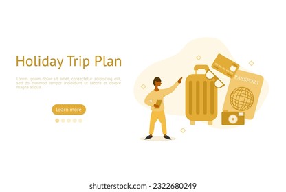 holiday trip illustration set. characters plans a trip and setting all equipment ready to travel. Vacation time concept. vector illustration.