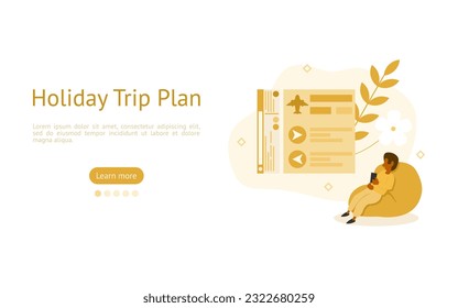 holiday trip illustration set. characters plans a trip and booked flight to travel. Vacation time concept. vector illustration.