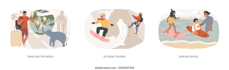 Holiday trip isolated concept vector illustration set. Traveling the world, extreme tourism, surfing school, hitchhiking, travel blog, foreign country destination, plane departure vector concept.