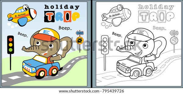 holiday trip with little elephant cartoon, coloring
page or book
