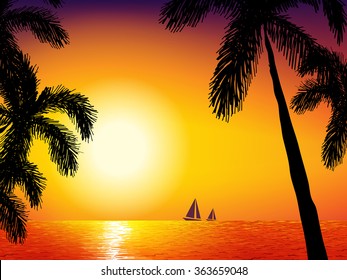 Holiday tropical background with sun , sea and palm tree on one landscape