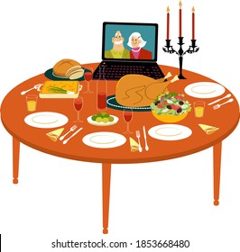 Holiday turkey dinner on the table with a laptop streaming video chat with faraway relatives, EPS 8 vector illustration