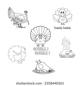 holiday turkey for thanksgiving. Cartoon turkey and roasted turkey on a plate. Vector set of pictures EPS 10