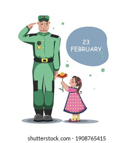 The holiday is the twenty-third of February. A little girl, a child congratulates a soldier and gives him a flower.