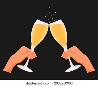 Holiday. Two Hands Clink Glasses Of Champagne. Flat vector illustration on a black background.