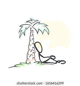 Holiday under palm tree. Tropical island. Sea shore, ocean, sun and summer. Hand drawn. Stickman cartoon. Doodle sketch, Vector graphic illustration