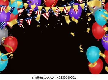 holiday USA decorations, New Birthday celebration with ribbon balloon background vector Illustration with confetti for parties or celebrations