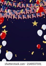 holiday USA decorations, New Birthday celebration with ribbon balloon background vector Illustration with confetti for parties or celebrations