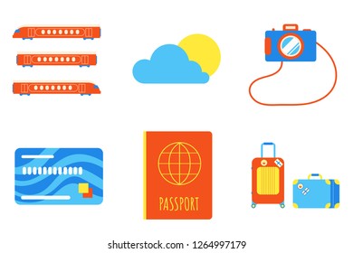 Holiday vacation beach elements flat style design set. Train, sun, camera, credit card, passport, luggage bags signs icons - symbols of season exotic vacations isolated on white background.