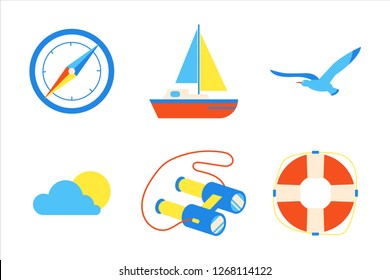 Holiday vacation beach elements flat style design set. Compass, sailboat, seagull, sun, cloud, binoculars, life buoy signs icons - symbols of season exotic vacations isolated on white background.