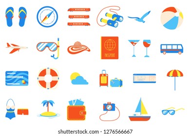 Holiday vacation beach elements flat style design set. Island, sunglasses, swimsuit, trunks, beach hat, umbrella, etc.  signs icons - symbols of season exotic vacations isolated on white background