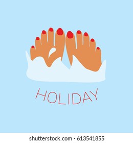 holiday & vacation cartoon in the beach or Swimming pool vector with text - on flat design style blue background. woman, female foot & legs in the water. enjoy and happy in the modern clean sea