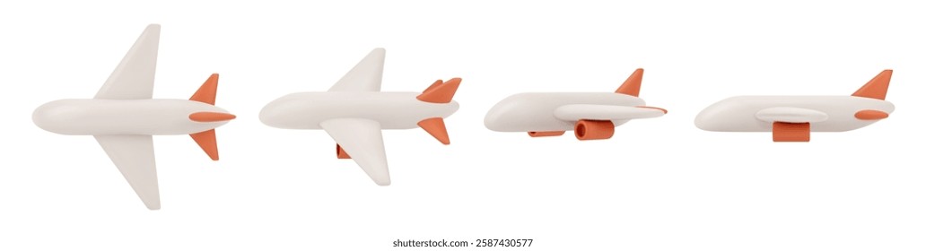 Holiday vacation concept, set of commercial or passenger jets. Vector isolated 3d icon, toys or models of transportation. Quick and comfortable mean of transport, airplane in air, flight worldwide