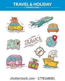 Holiday and vacation doodle icons with colorful hand drawn style. Summer tourism vector illustration.