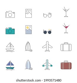 Icon Set für Urlaub oder Urlaub. Vektorgrafik. Bearbeitbare Striche. Weißer Hintergrund.