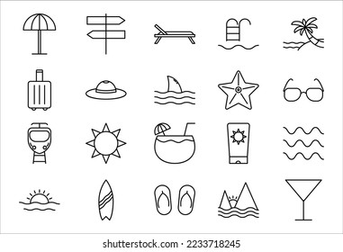 Holiday or vacation icons set. Concept of rest in exotic places and on the sea beach in flat style on white background. Vector illustration. EPS 10.