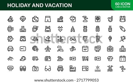 Holiday Vacation Line Icon Set – Modern Minimal Outline Icons for Travel, Beach, Summer, and Relaxation Themes