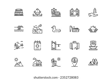 Holiday and Vacation lines icon set. Holiday and Vacation genres and attributes. Linear design. Lines with editable stroke. Isolated vector icons.