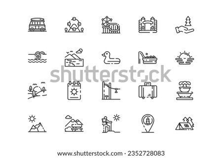 Holiday and Vacation lines icon set. Holiday and Vacation genres and attributes. Linear design. Lines with editable stroke. Isolated vector icons.