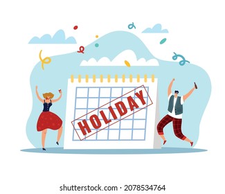 Holiday or vacation. People celebrate end of week. Paper calendar and confetti. Man and woman dance. Cheerful persons have fun at party. Workers planning weekend recreation. Vector concept