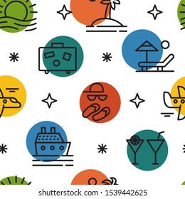 Holiday, vacation, relax. Colorful seamless pattern with travel elements. Vector background for print and digital design.