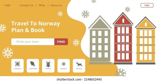 Holiday and vacation in Scandinavian country, travel to Norway, website of agency giving advice and recommendations. Attractions and sightseeing, bergen house and buildings. Vector in flat style