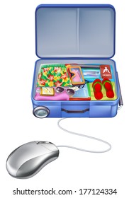 Holiday vacation suitcase mouse concept, shopping online for the perfect holiday vacation package