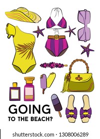 Holiday vacation summer Vector set of woman beach accessories swimsuit hand drawn travel objects