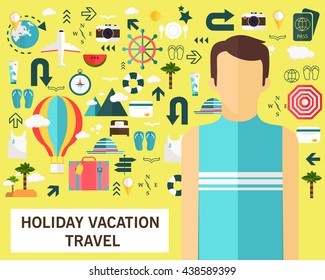 Holiday Vacation and travel concept background. Flat icons. 