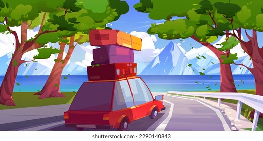 Vacaciones, viajes, concepto de viaje por carretera. Paisaje veraniego con autopista con auto con equipaje, árboles verdes, lago y montañas, ilustración vectorial de dibujos animados