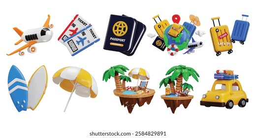 Holiday Vacation Travel Tourism icon set 3d render concept of Trip Planning World Tour Travel and Transport vector illustration