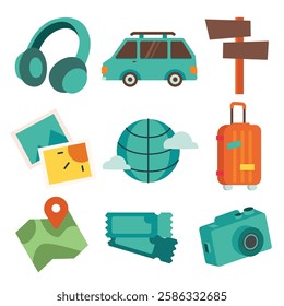 Holiday vacation vector icon set, travel tourism flat design illustration, travel clip art