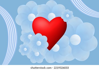 Holiday valentine with red heart, blue flowers, 3d banner. Advertising blooming background for valentine's day. Romantic bouquet with heart, party invitation card. Spring flowers, vector illustration.