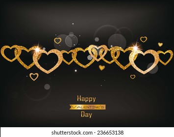 Holiday valentine's card with textured gold hearts on the dark background