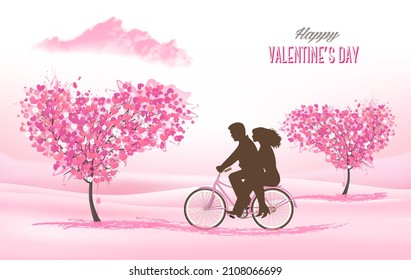 Holiday Valentine's Day background. Couple in love on a bicycle and heart shaped tree with heart-shaped leaves. Vector
