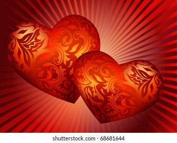 Holiday Valentine's day background. Greeting trendy card with two hearts. Illustration of a red hearts with floral patterns on a striped texture in vector. 