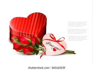 Holiday Valentine`s day background. Red roses with red heart-shaped gift box. Vector