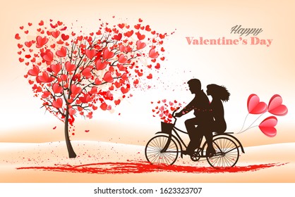 Holiday Valentine's Day background. Tree with heart-shaped leaves and bicycle with couple in Love. Vector.