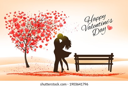 Holiday Valentine's Day background. Tree with heart-shaped leaves and Couple in Love. Vector.