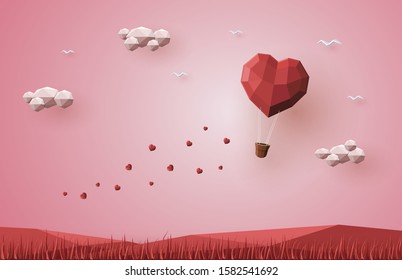 Holiday valentine's day background,hot air balloon heart design,low poly 3d vector,origami paper craft.