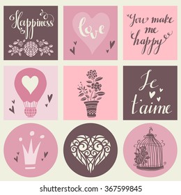 Holiday Valentines day backgrounds, calligraphy, text, lettering. Hearts, hot air balloon, flowers, crown, bird cage hand drawn