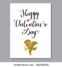 Holiday Valentines day card with cupid, hearts, calligraphic text