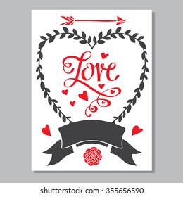 Holiday valentines day card design template. Hand drawn text. Flower, hearts, arrow,  frame, ribbon